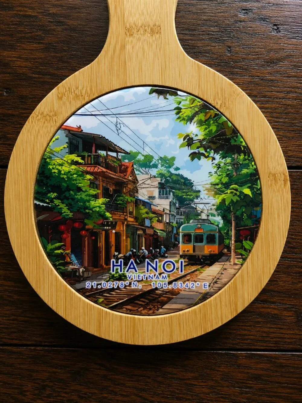 Hand-Painted Hanoi Vietnam Street Train Bamboo Serving Board Paddle, Embossed